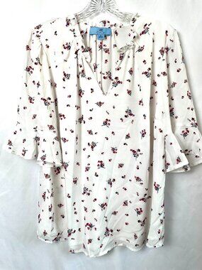 CeCe Ivory and Floral Elbow-Sleeve Tie-Neck Floral-Print Blouse 2X